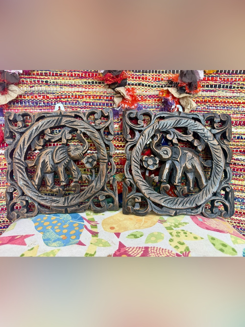 Hand-Carved Elephant Wall Plaques in Dark Brown - Decorative Wood Pair Thailand